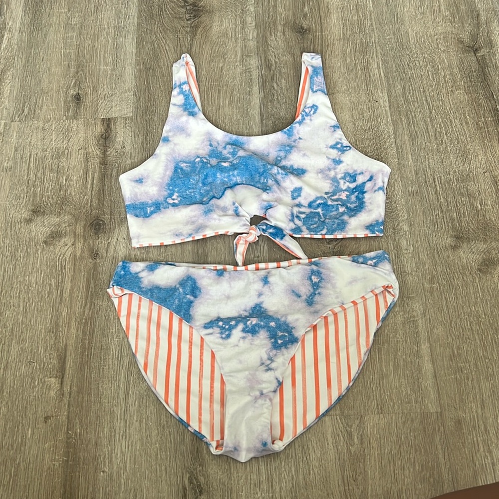 Treasure & Bond, Girls Tie Dye Stripe Reversible Bikini (SET)Purple/Blue, Sz: 16